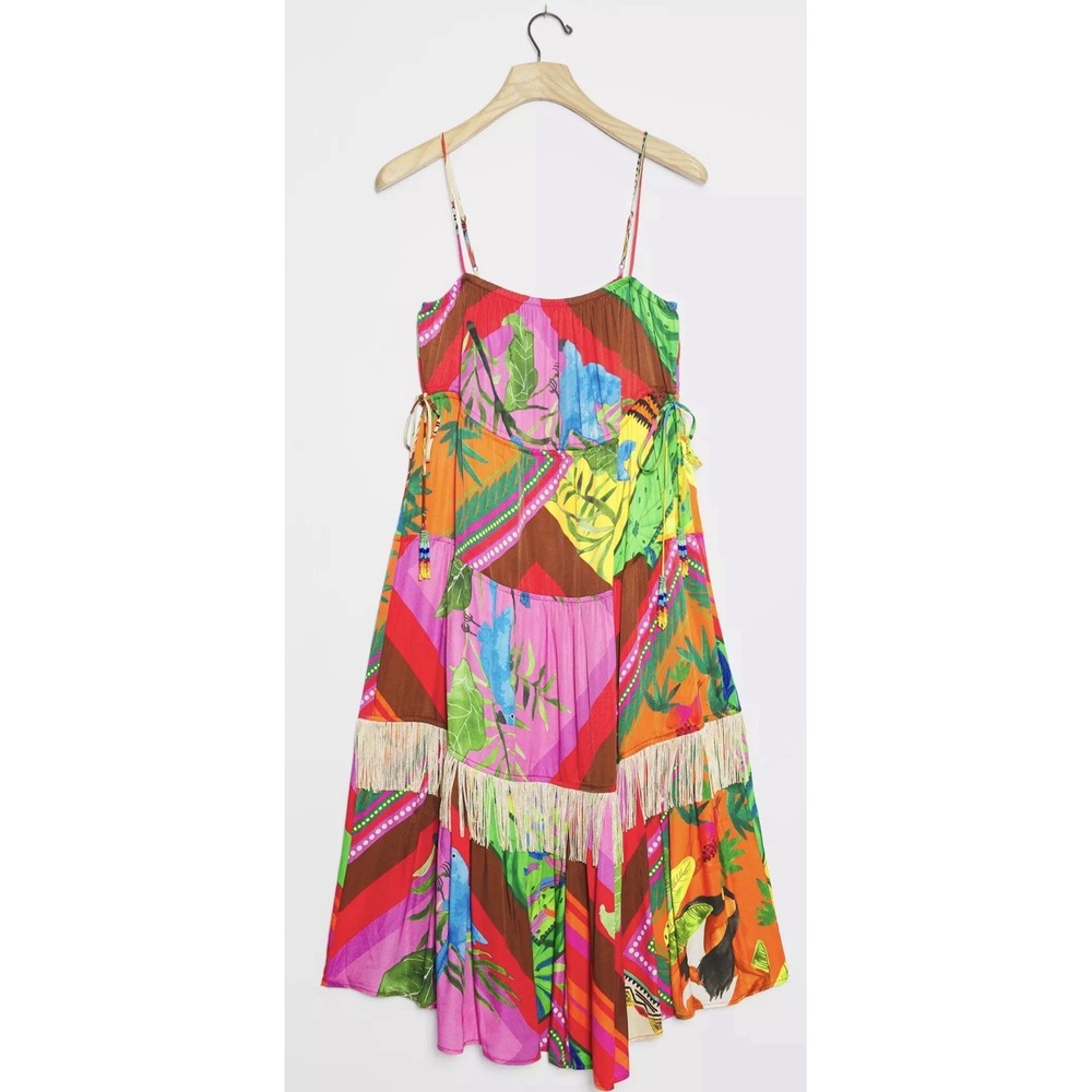 NWT FARM RIO Palila Fringed Summer Scarf Midi Dress Women's Size M Multi